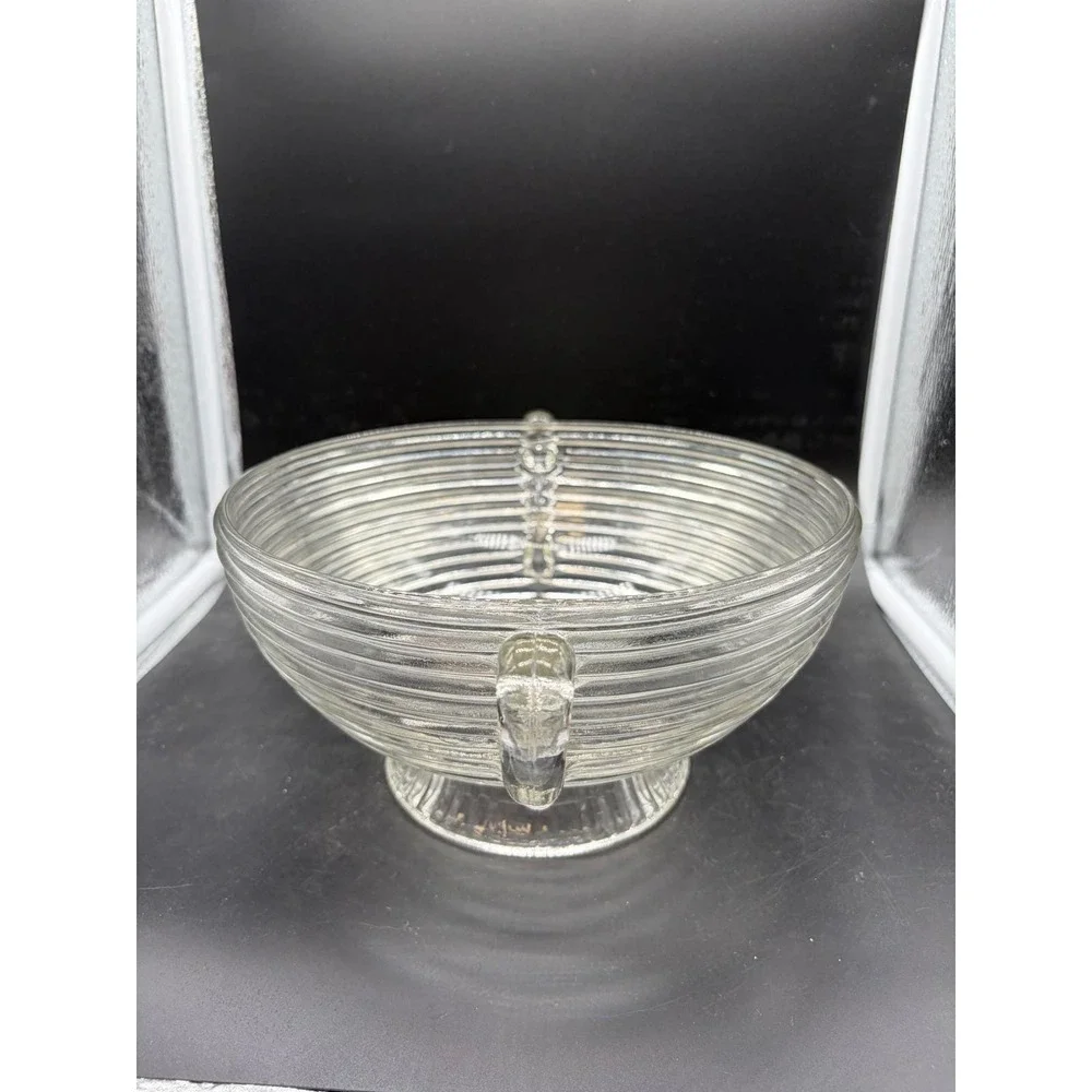 Vintage Clear Ribbed Glass Footed Serving Bowl with Handles Art Deco‎ Style